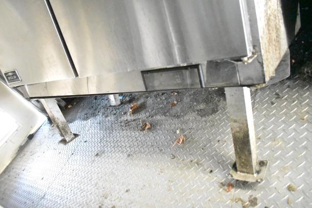 2020 Diamond Cargo mobile kitchen trailer interior, showing stainless steel cabinetry and diamond plate flooring, moderate wear.