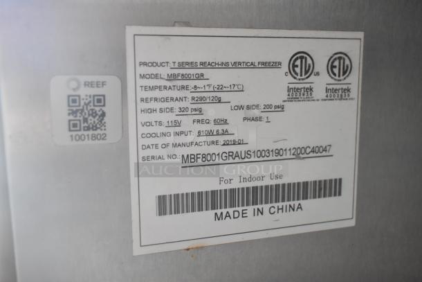 Label on appliance indicates model MBF8001GR, made in China, 2019. Includes specs like refrigerant type and voltage.