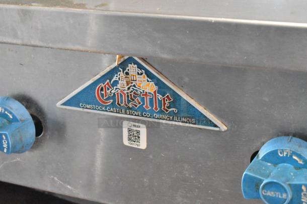 2012 Quality Cargo food trailer showing Comstock-Castle stove knobs and logo, featuring dual fryer, pizza prep, and Blodgett oven.