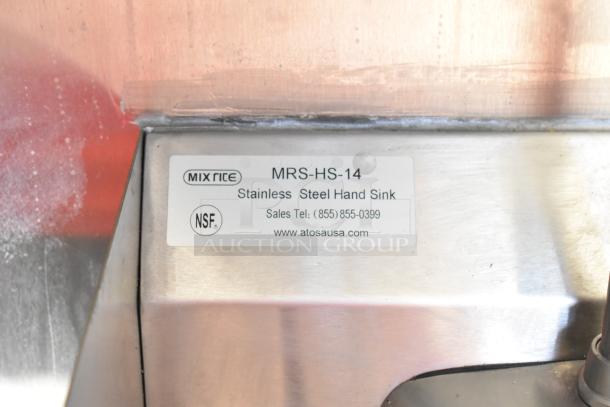 Mix Rite MRS-HS-14 stainless steel hand sink label with contact info. Marked NSF certified.