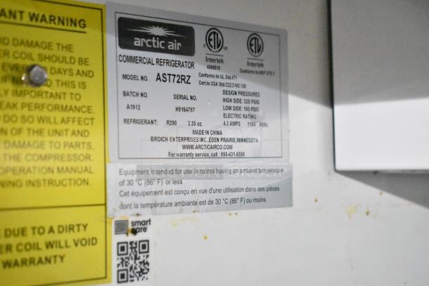 Label on Arctic Air Commercial Refrigerator AST72RZ in mobile kitchen trailer. Specs: refrigerant R290, 115V, 4.3 amps.