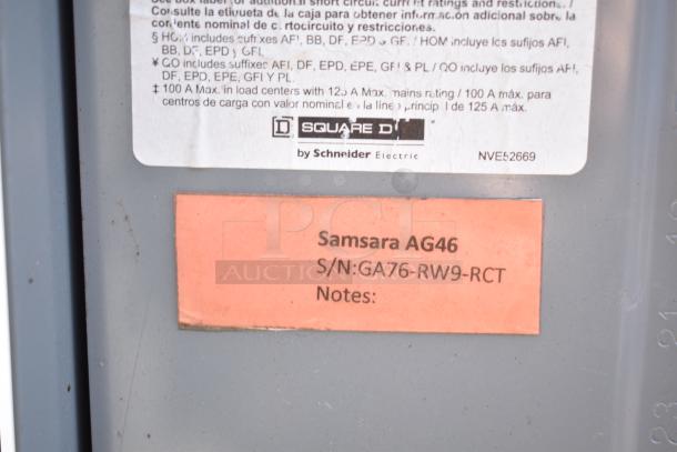 Square D electrical panel label with Schneider Electric branding. Below it, a Samsara AG46 tag with serial number GA76-RW9-RCT.