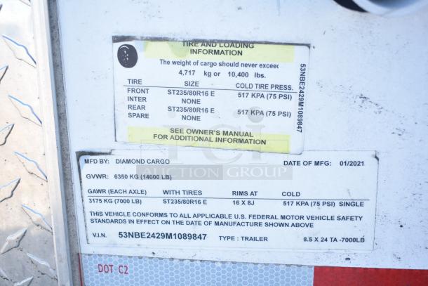2021 Diamond Cargo 8.5' x 24' trailer label showing tire, weight, and VIN details.