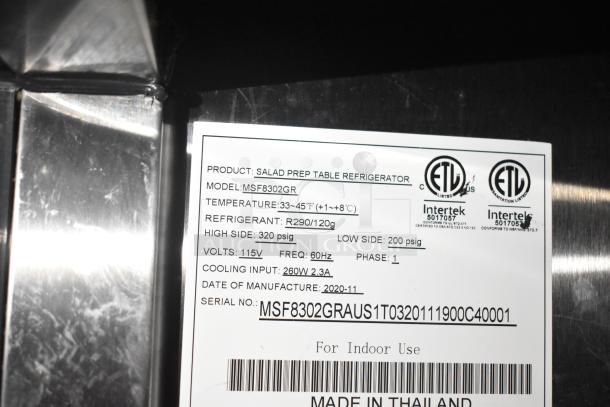 2021 Diamond Cargo 8.5' x 24' cold trailer label. Model MSF8302GR, refrigeration details, ETL certification visible.