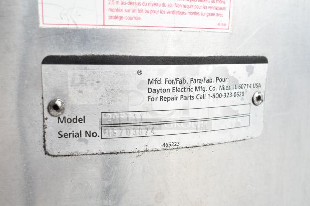 Metal label showing Dayton Electric Manufacturing info and serial number: 45703674, model: 20FT11.