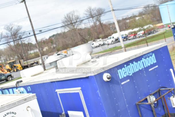 2020 Diamond Cargo 24' kitchen trailer in blue, features ventilation system, branded "neighborhood" exterior.