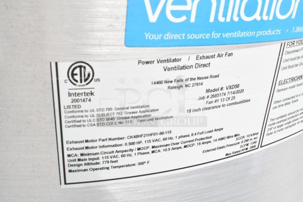 2020 Diamond Cargo 24' kitchen trailer ventilation label. Model VXD50 details, Intertek listed, UL, ULC, and CSA certified.