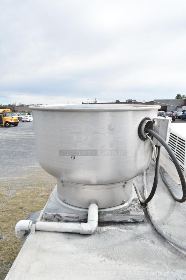 Rooftop view of a 2020 Diamond Cargo commercial kitchen trailer vent. Silver finish, visible piping, electrical cable attached.