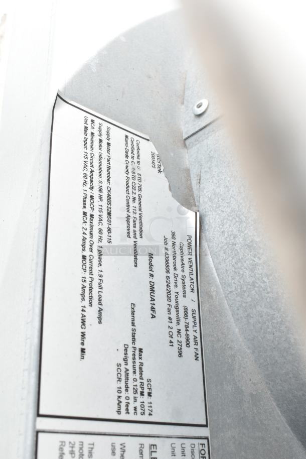 2020 Diamond Cargo 24' commercial kitchen trailer label, shows ventilation specs, includes grease hood, Pitco fryer.