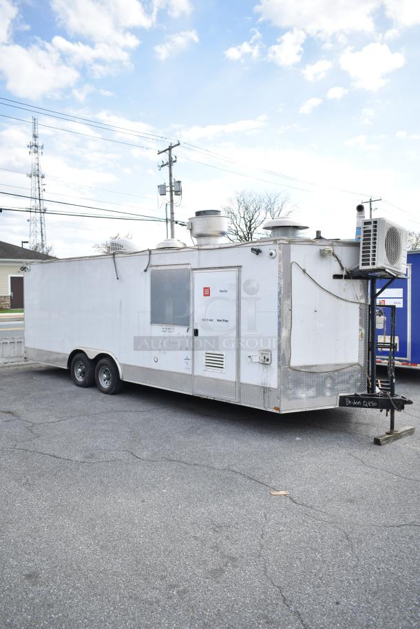 2019 Quality Cargo 24' food trailer with grease hood, fire suppression, fryer, grill, pizza prep, and Blodgett oven. VIN 50ZZ1E427KN012840.