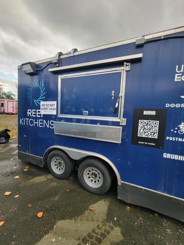 2020 Rock Solid 16' mobile trailer, blue exterior, ghost kitchen setup, with ordering window, QR code for orders.