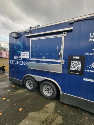 2020 Rock Solid 16' mobile trailer, blue exterior, ghost kitchen setup, with ordering window, QR code for orders.
