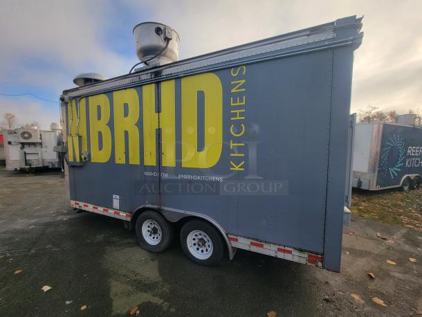 2018 16' Quality Cargo food trailer with "NBRHD Kitchens" branding, equipped with commercial kitchen appliances.