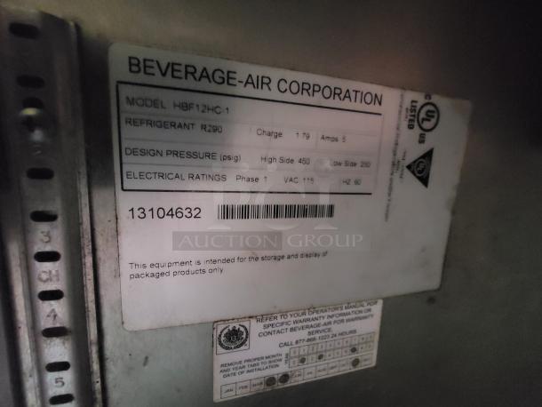 Beverage-Air Corporation label on a commercial kitchen appliance. Model HBF12HC-1, refrigerant R290, design pressure high side 450.