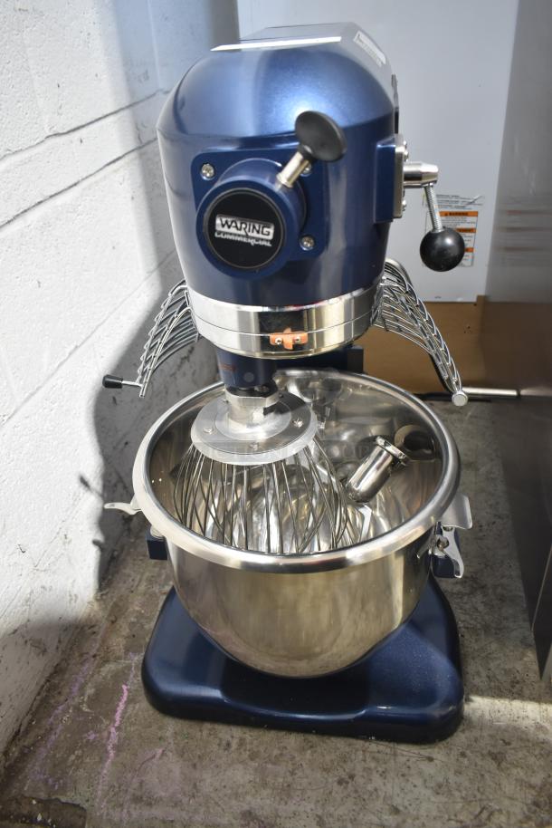 Brand new Waring WSM20LT 20 Quart commercial dough mixer with bowl, guard, whisk, paddle, and dough hook. 110-120V.