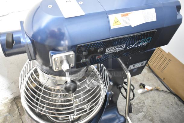 BRAND NEW 2024 Waring WSM20LT commercial 20-quart planetary dough mixer with bowl, guard, whisk, paddle, and dough hook.