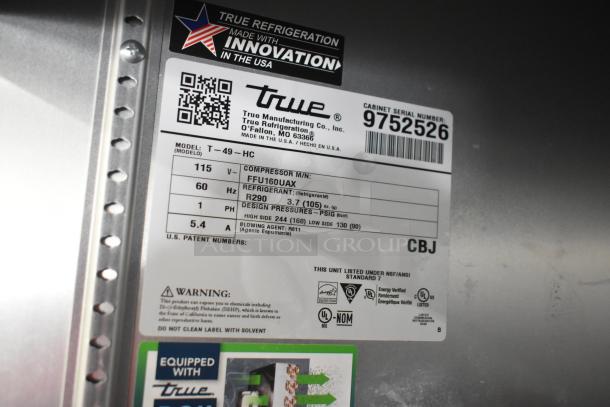 2020 True T-49-HC cooler label showing model info, 115V, 1 phase, R290 refrigerant, NSF/ANSI certification, Serial 9752526.