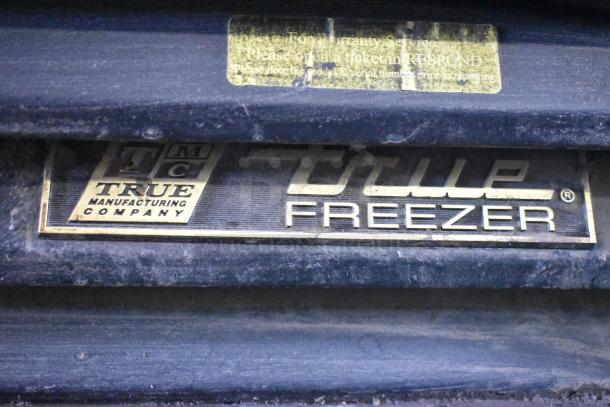 True GDM-49F-LD Comercial Freezer label, showing brand and model. Dusty condition. 115/208-230V, 1 Phase.