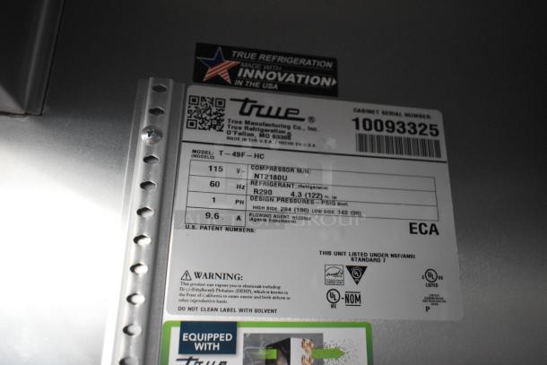 Label of a 2020 True T-49F-HC Commercial 2 Door Reach In Freezer, showing model, voltage, and refrigerant details.