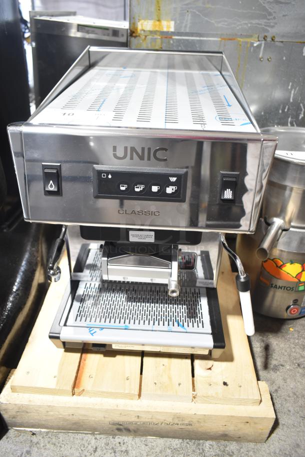 Unic CL1 Classic Commercial Single Group Espresso Machine, pristine condition, 110/208V, 1 phase, stainless steel finish.