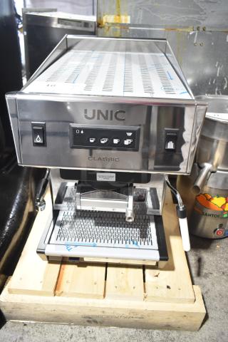 Unic CL1 Classic Commercial Single Group Espresso Machine, pristine condition, 110/208V, 1 phase, stainless steel finish.