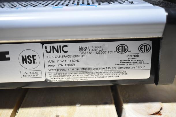 Unic CL1 Classic Commercial Espresso Machine, 110/208V, 1 phase, label shows NSF and ETL certifications, 17A, 1700W.
