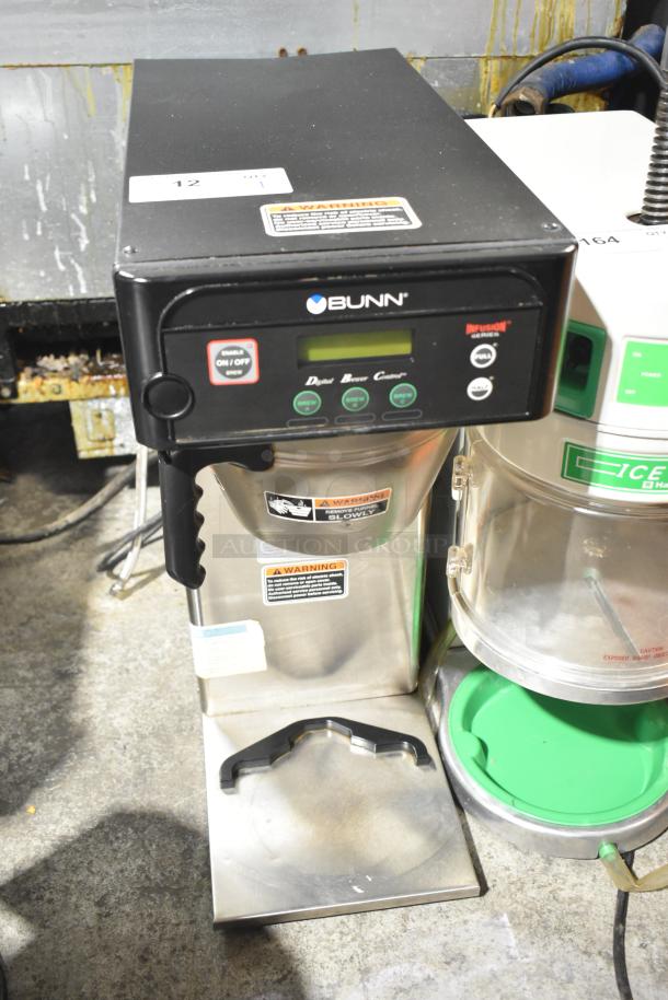 2020 Bunn ICB-DV Automatic Coffee Brewer, 120V, 1 Phase, with warning labels and control buttons visible.