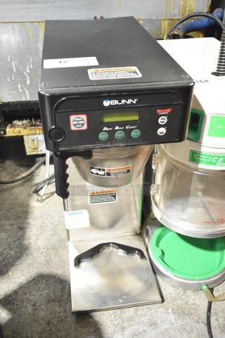 2020 Bunn ICB-DV Automatic Coffee Brewer, 120V, 1 Phase, with warning labels and control buttons visible.