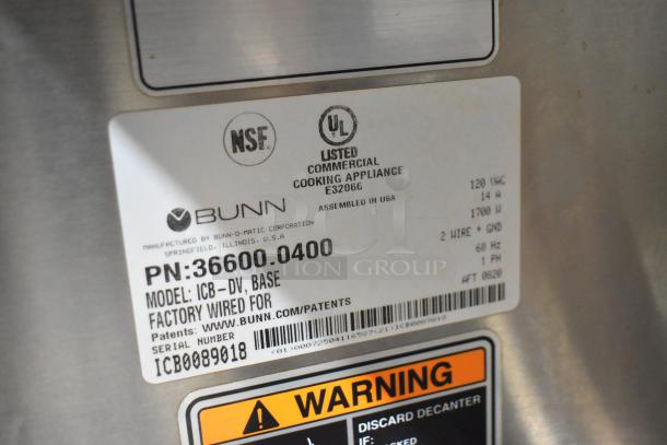 Bunn ICB-DV Automatic Coffee Brewer, 2020 model. Features 120V, 1700W power. NSF and UL listed. Serial: ICB0089018.  