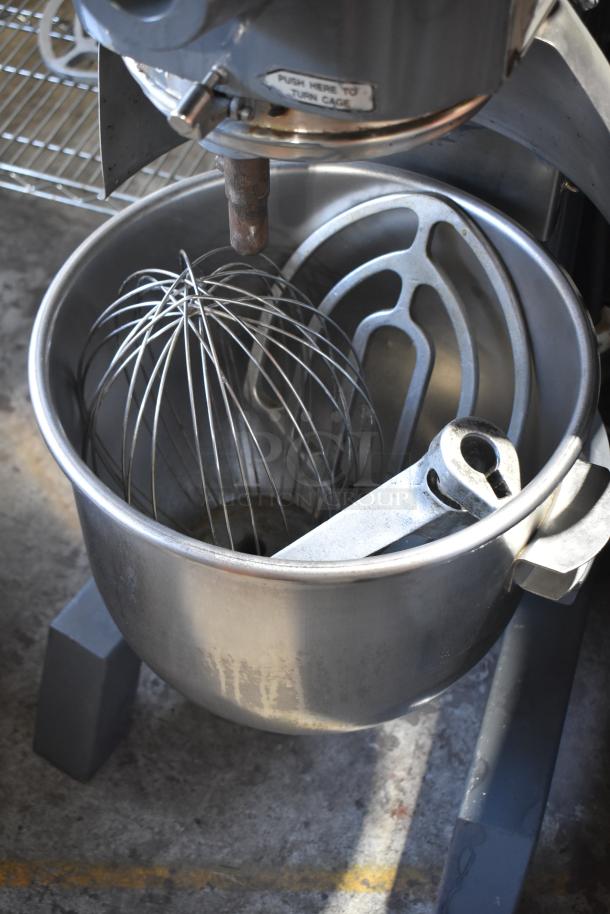 Hobart D300T 30qt commercial dough mixer with bowl, whisk, and paddles. 200V, 3 phase. Sturdy condition.