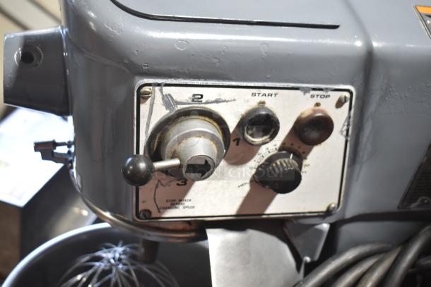 Hobart D300T 30 Quart Dough Mixer, includes mixing bowl, whisk, and paddles, 200V, 3 phase, control panel close-up.