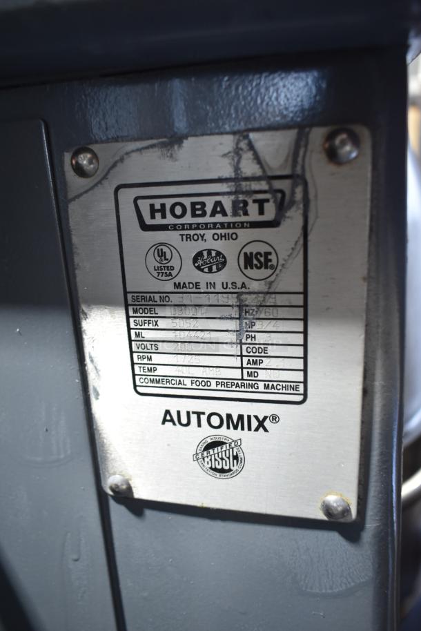 Hobart D300T Commercial Dough Mixer label showing model, serial number, 200V, 3-phase, UL and NSF certifications.