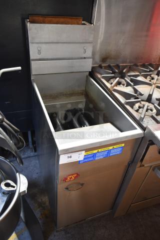2019 Pitco Frialator 40D commercial floor fryer, natural gas, 107,000 BTU, good condition, labels with safety warnings.