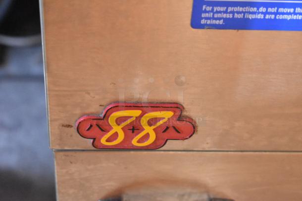 2019 Pitco Frialator 40D fryer, natural gas, 107,000 BTU. Features a red and yellow "88" decal, metallic exterior.