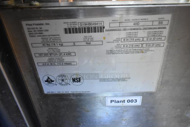 2019 Pitco Frialator 40D fryer, 107,000 BTU, natural gas, commercial use, serial G19HB049414. Labels show certifications.
