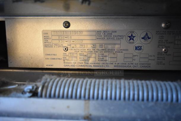 Garland X36-6R SunFire natural gas range label, showing model details and installation information.