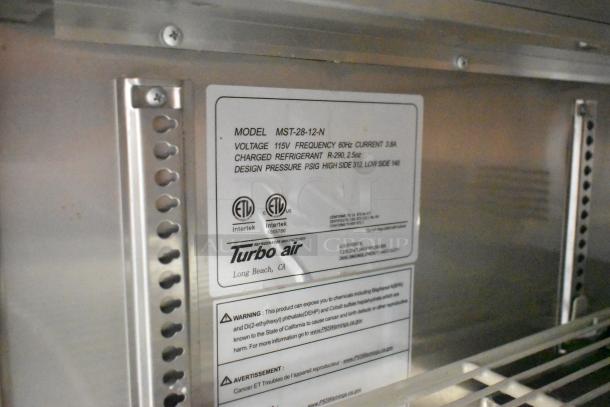 Turbo Air MST-28-12-N sandwich salad prep table label, showing model, voltage 115V, refrigerant R-290, ETL certification.