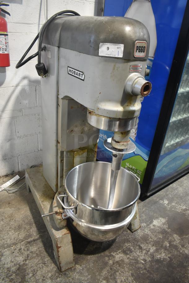 Hobart P660 60-quart commercial dough mixer with bowl, dough hook, 208-240V, 3-phase. Signs of use visible.