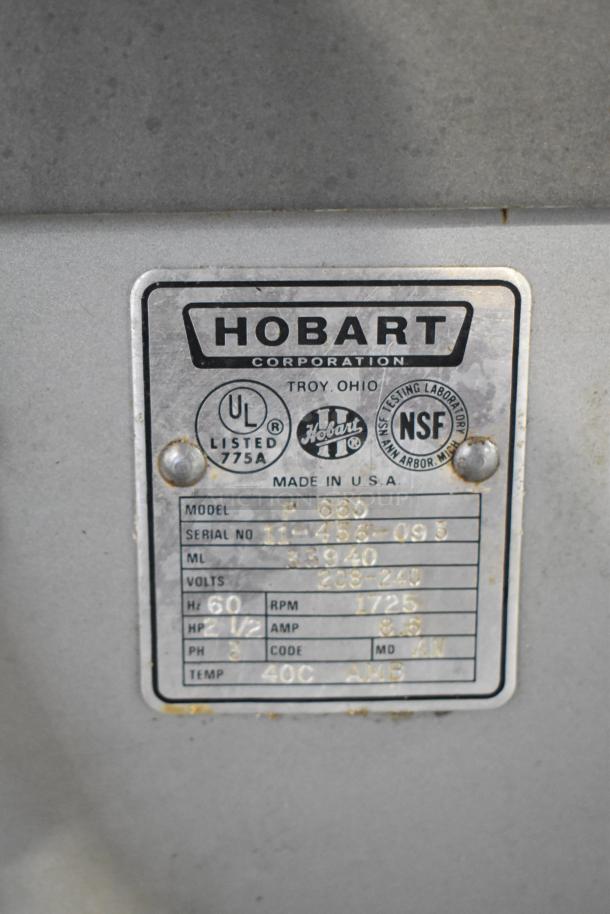 Hobart P660 mixer label, showing model, serial number, 208-240 Volts, 3 phase power, and certification marks.