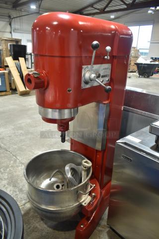 Hobart M802 commercial 80-quart dough mixer with bowl, dough hook, whisk, paddle attachments. Red, 230V, 1 phase.