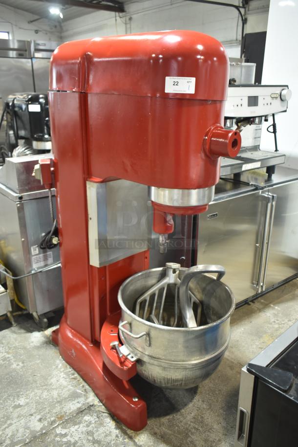 Hobart M802 Commercial 80 Qt. Dough Mixer, red, with mixing bowl, dough hook, whisk, and paddle. 230V, 1 phase.