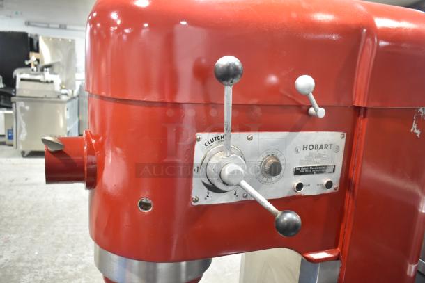 Hobart M802 Commercial 80 Qt Dough Mixer, red, with clutch lever, speed dial, power label, used condition. Includes bowl, hook, whisk, paddle.