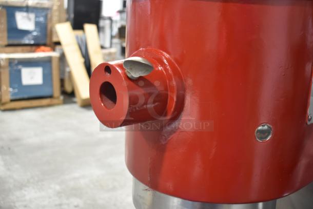 Hobart M802 80-quart planetary dough mixer, red body detail, 230 volts, 1 phase. Includes bowl, dough hook, whisk, paddle.