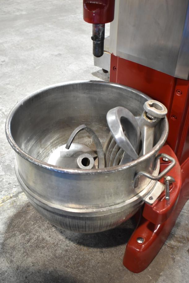 Hobart M802 80-quart dough mixer with bowl, hook, whisk, paddle attachments. Floor model, 230V, 1 phase.