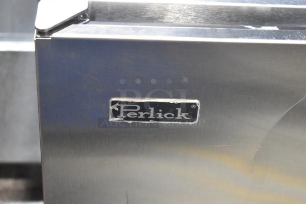 Brand new Perlick HC48RS4S 2-door back bar cooler, 115V, 1 phase, with scratch and dent. Brand logo visible.