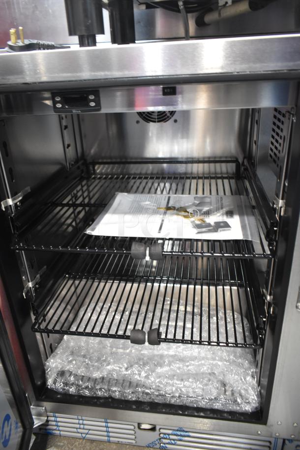 Brand new Perlick HC48RS4S-00-SLFLR-SRFLR back bar cooler, stainless steel interior, two shelves, 115V, slight scratch and dent.