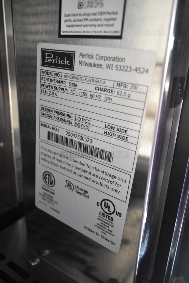 Perlick HC48RS4S-00-SLFLR-SRFLR 2-door cooler label, 115V, 1 phase, refrigerant 600a, 62g charge, new scratch and dent.