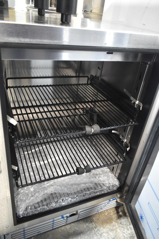 Brand new Perlick HC48RS4S-00-SLFLR-SRFLR commercial back bar cooler, two-door, scratch and dent, 115V, interior shelving.