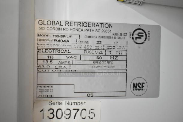 Global T30HSP Commercial Hardening Cabinet label, 115V, 1-phase, 13.5 amps. Model details and serial number shown.