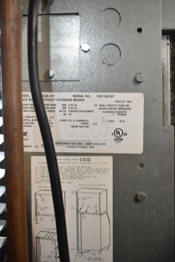Manitowoc ID0322A-161 ice machine control panel showing model and serial number with wiring diagram; 115 volts, 1 phase.